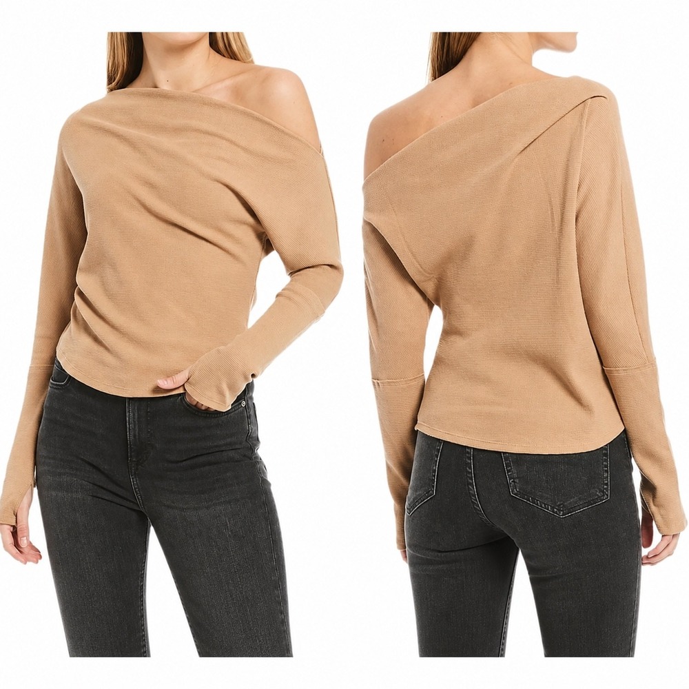 We The Free‎ Fuji Thermal Top Blouse Women LG Tan Waffle Knit Off Shoulder Boho